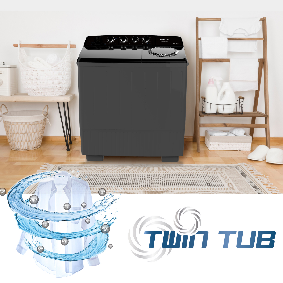 SHARP เครื่องซักผ้า 2 ถัง รุ่น ES-TW150BK ขนาด 15 กิโลกรัม รับประกันมอเตอร์ 10 ปี