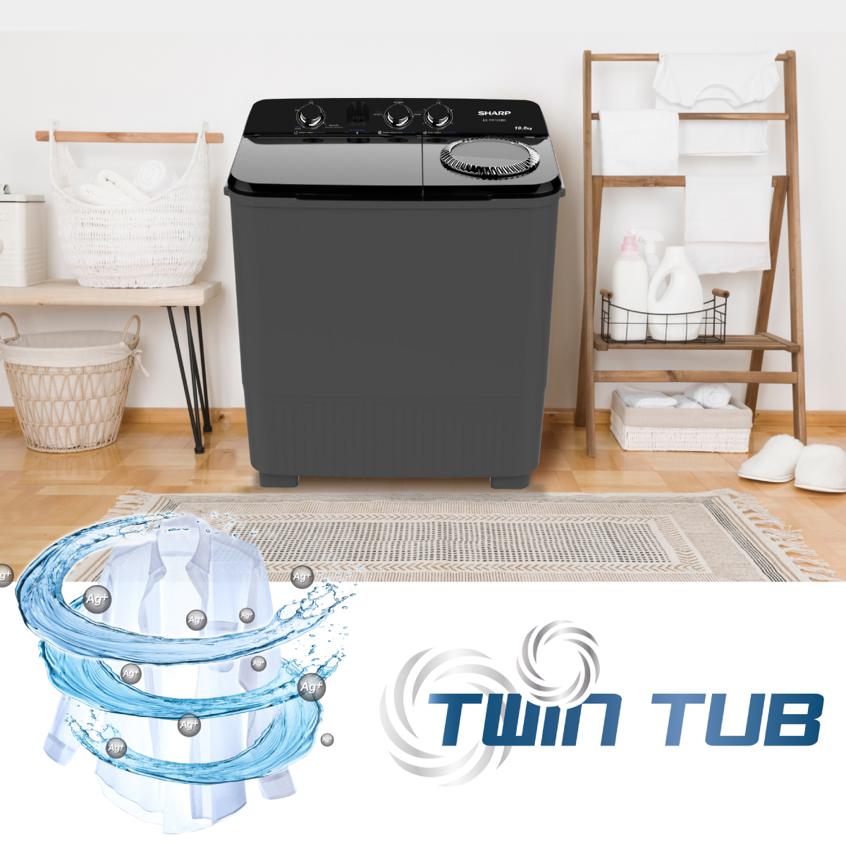 SHARP เครื่องซักผ้า 2 ถัง Twin Tub รุ่น ES-TW100BK ขนาด 10 กก. ถังปั่นแห้ง 5.6 กก. รับประกันมอเตอร์ 10 ปี